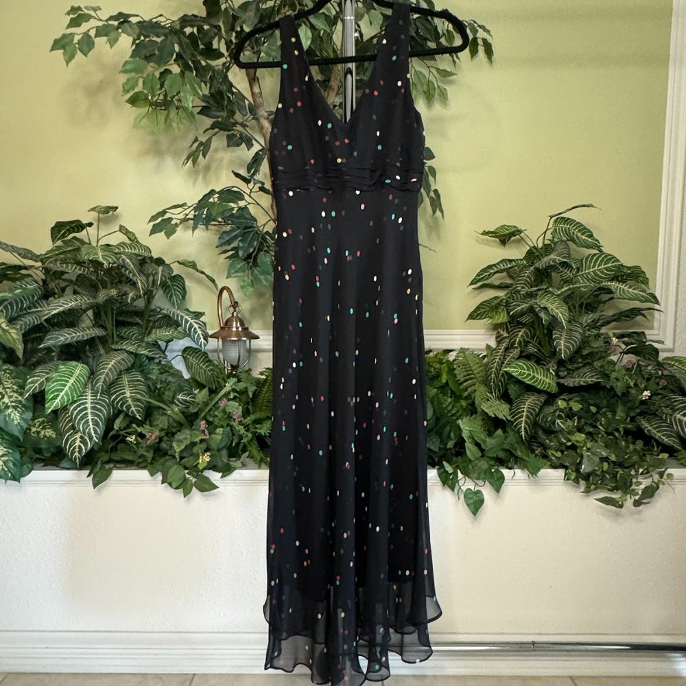 Black Polka Dot Silk Sleeveless Wavy Midi Party Dress